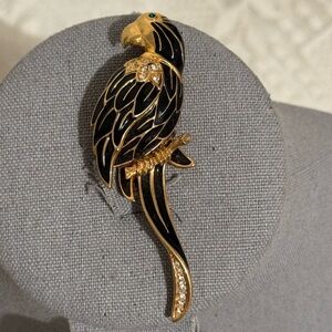 Swarovski Black Enamel Clear Crystal Rhinestone Bird Parrot Brooch Signed SAL